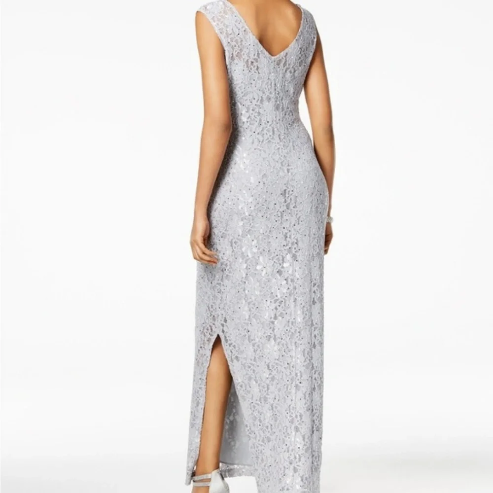 NWT Connected Apparel gown dress Sequined Lace Slit Gown Silver grey 10 12 14 - Picture 2 of 7